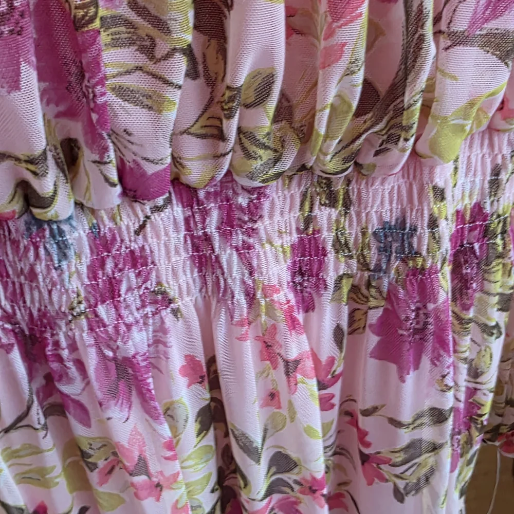 Women's Pink Floral Midi Dress with Long Sheer Sleeves - Picture 6 of 7